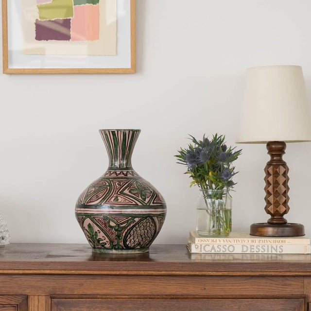 Incredible 1960s Spanish ceramic vase by artist Domingo Punter. Beautiful hand painted green, black and cream design....