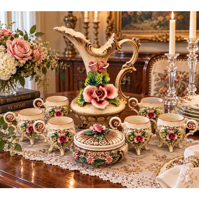 Capodimonte Vintage Italian Capodimonte Porcelain Rose Pitcher Cups & Lidded Bowl - Set of 8 For Sale - Image 4 of 13