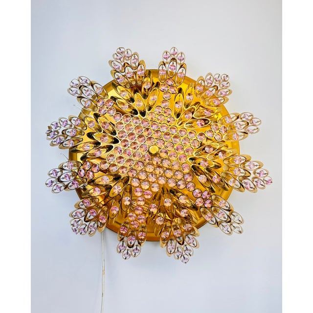 Statement Vintage Gold Brass & Hand-Painted Pink Cut Crystal Mandala Flush Mount Chandelier Make an unforgettable...