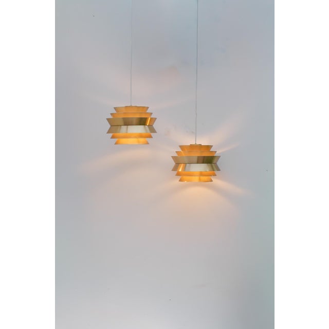 Brass Colored Metal Pendant Trava Lamps by Carl Thore, Sweden from Granhaga Metallindustri, 1960s, Set of 2 For Sale - Image 9 of 14
