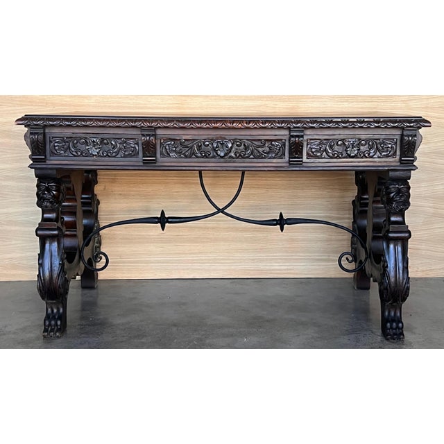 19th Century Spanish Two Faces Baroque Style Oak Library Table or Desk For Sale - Image 18 of 18