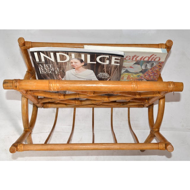 Vintage Boho Chic Bend Bamboo Caning Handwoven Magazine Rack Newspaper Stand For Sale - Image 11 of 16