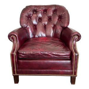 Hancock & Moore Mid-Century Tufted Leather Club Chair – Burgundy Leather, Mahogany Legs, Brass Nailhead Trim
