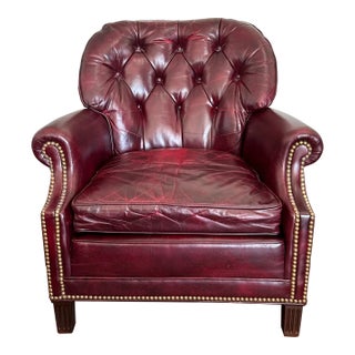 Vintage Hancock & Moore Mid-Century Tufted Leather Club Chair – Burgundy Leather, Mahogany Legs, Brass Nailhead Trim For Sale