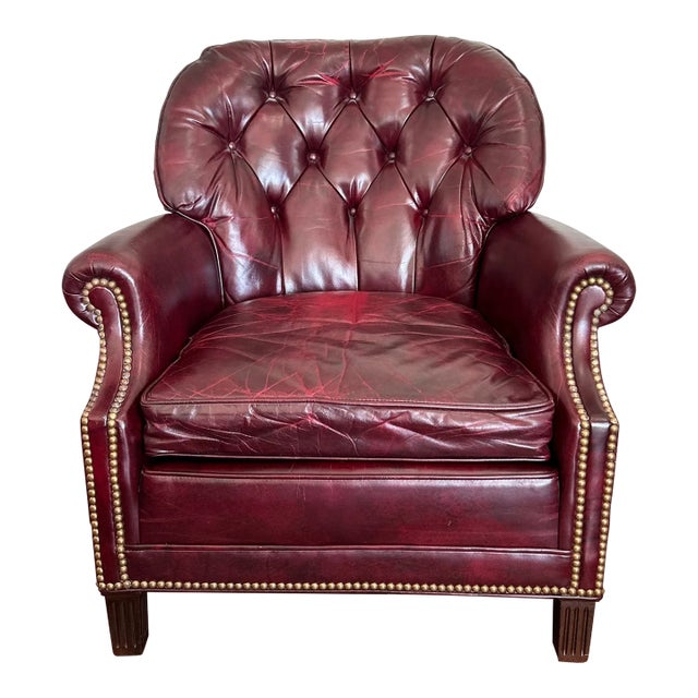 Vintage Hancock & Moore Mid-Century Tufted Leather Club Chair – Burgundy Leather, Mahogany Legs, Brass Nailhead Trim For Sale