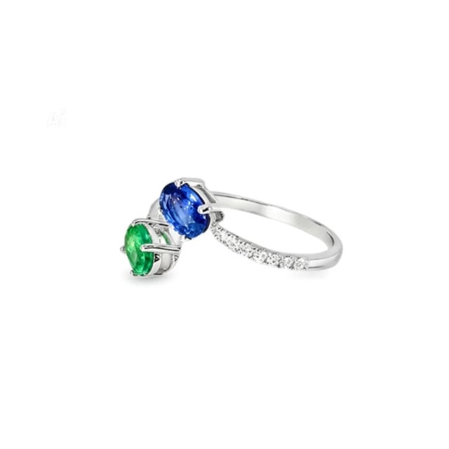 Late 20th Century Late 20th Century 18K Gold Diamond Ruby Emerald Sapphire Duo Bypass Ring Estate, Size 7.5 For Sale - Image 5 of 6