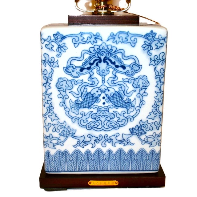 Ralph Lauren Lauren Ralph Blue & White Double Chinoiserie Koi Porcelain Lamps – A Pair For Sale - Image 4 of 8