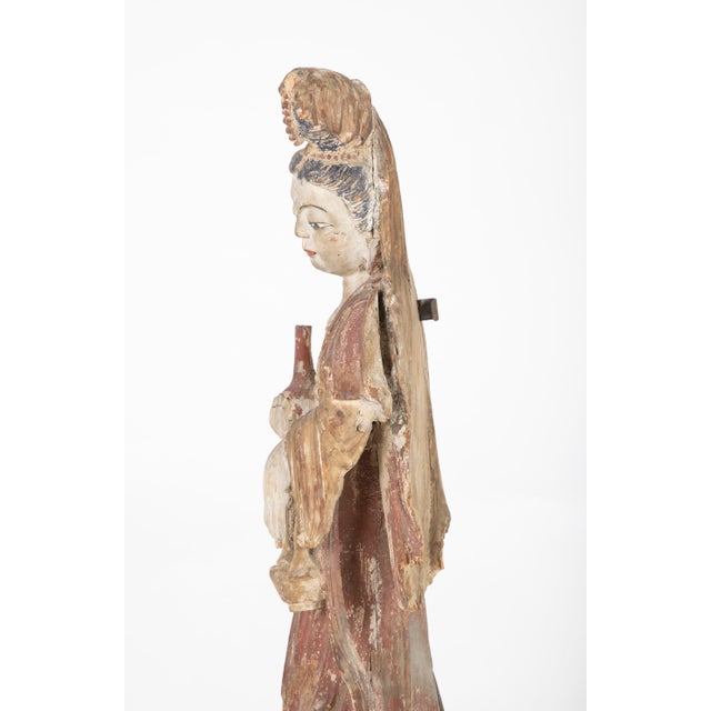 Asian Chinese Carved and Painted Wood Sculpture of Guanyin For Sale - Image 3 of 12