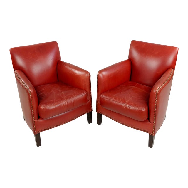 Vintage Red Leather Upholstered Lounge Chairs A Pair Chairish