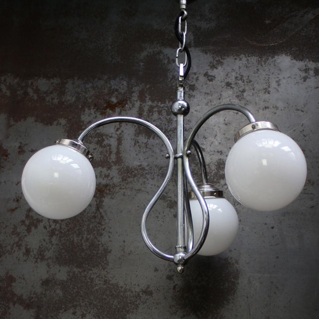 Silver French Art Deco Nickel-Plated 3-Arm Chandelier with White Opaline Glass Globes For Sale - Image 8 of 10