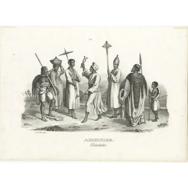 Antique print titled 'Abisinier. Abissinie'. Original antique steel engraving showing natives of Abyssinia, Ethiopia....