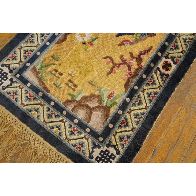 1930s Yellow Gold Scene Figural Antique Chinese Silk & Metallic Thread Rug 2'7" X 4'2" Wool Knotted Carpet For Sale - Image 4 of 12