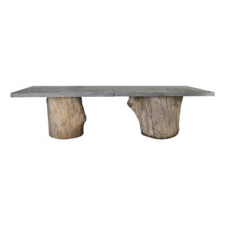 Belgium Blue Stone Top With Scored Edge on Oak Trunk Base Dining Table For Sale