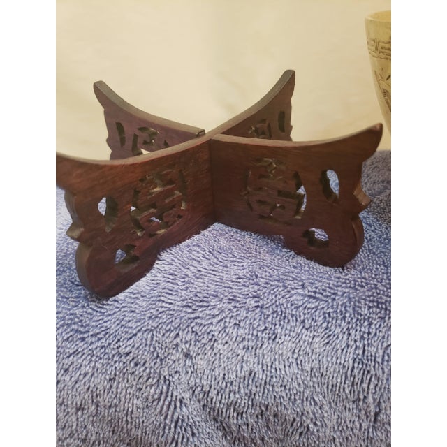 Chinoiserie Vintage Early 20th Century Chinese Brass Etched Dragon Motif Bowl and Carved Stand For Sale - Image 3 of 7