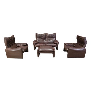 Vintage Leather Maralunga Sofa Set by Vico Magistretti for Cassina, 1973, Set of 4 For Sale