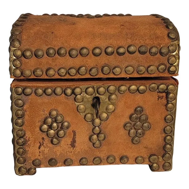 19Th Century Leather Over Wood Studded Box W/ Key | Chairish