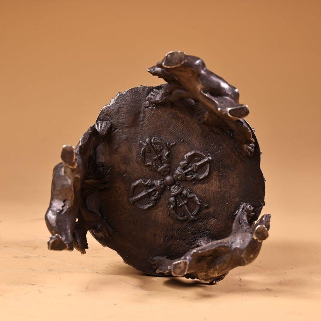 Vintage Tibetan Gilded & Silvered Bronze Vajra Censer, High Relief Carving, Lotus Base With Guardian Supports, Chinoiserie Buddhist Incense Burner For Sale - Image 9 of 10