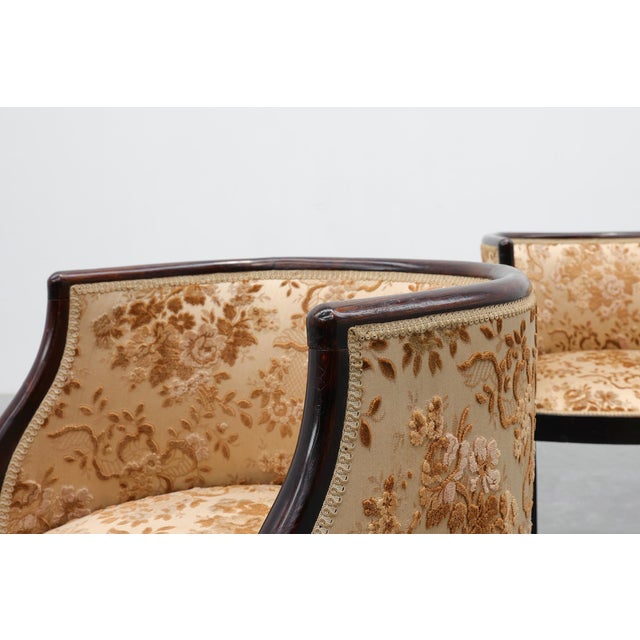 Antique Ebonised Tub Armchairs with Floral Upholstery, France, 1890s, Set of 2 For Sale - Image 4 of 11