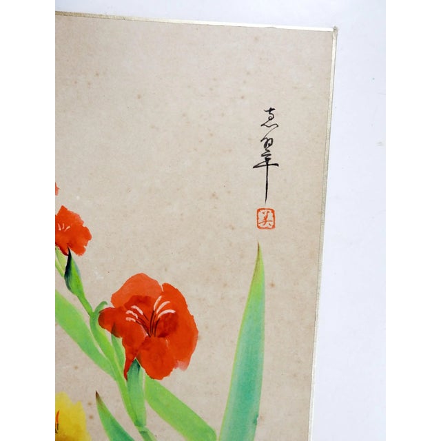 Asian Vintage Mid-Century Japanese Floral Watercolor Painting For Sale - Image 3 of 4