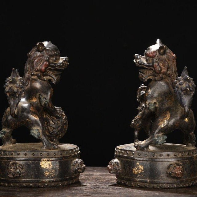 Traditional Pair of Antique Gilt Bronze Guardian Lions – 8.7" Foo Dogs on Drum Bases With Cub & Ball For Sale - Image 3 of 9