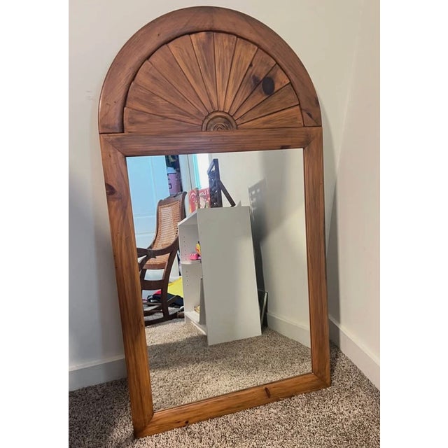 Vintage circa late 1980s, early 1990s Ethan Allen brand rectangular wall hanging accent mirror. Wood frame with unique fan...