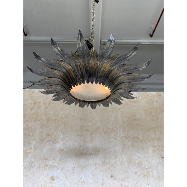 Spanish 1950s Sunburst Leaf Ceiling Fixture With Frosted Glass For Sale In New York - Image 6 of 14