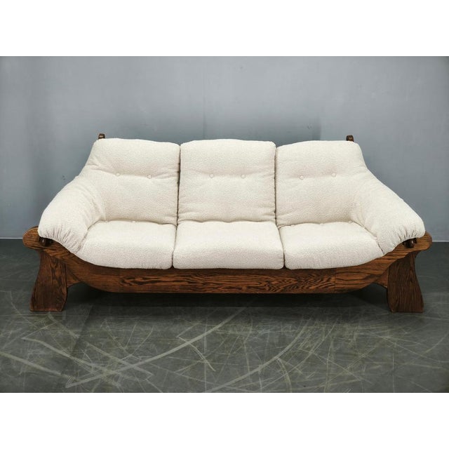 Brutalist Oak and Bouclé 3-Seater Sofa, Former Czechoslovakia, 1970s For Sale - Image 16 of 17
