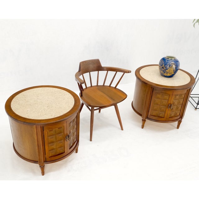 Mid-Century Modern Pair Round Drum Barrel Shape Travertine Top Two Doors End Side Tables Stand Mint For Sale - Image 3 of 13