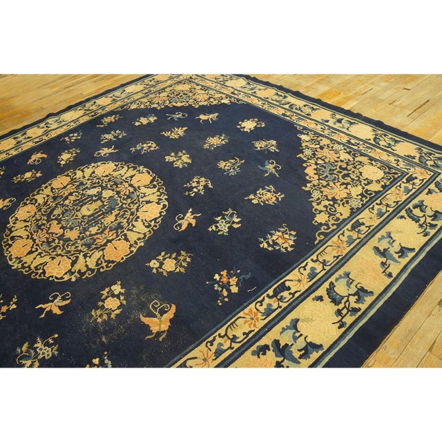 Navy Blue 1890s Blue Oriental Floral Sprays Medallion Antique Chinese Peking Room Size Rug For Sale - Image 8 of 10