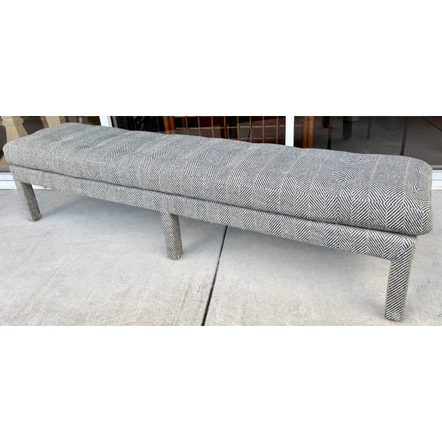 Modern XL Navy Blue & Beige Wool Herringbone Pattern Bench For Sale - Image 3 of 13