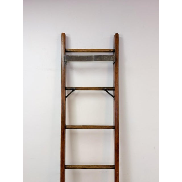 Early 20th Century Antique Wood Metal Library Ladder 7 Rung Rolling Bookcase Ladder 82" For Sale - Image 5 of 9