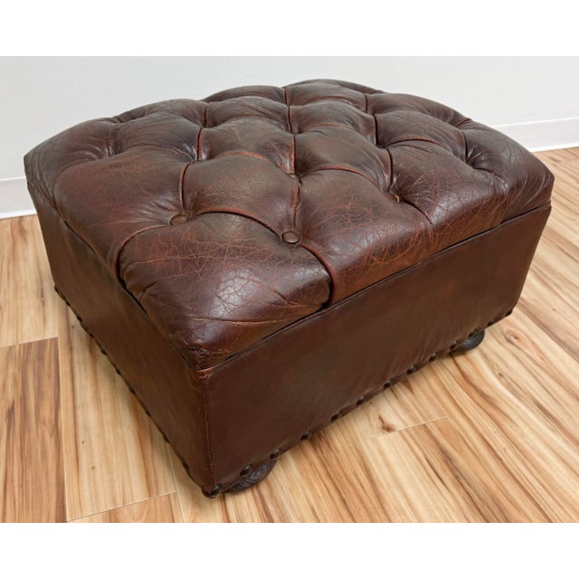 Late 20th Century Vintage Restoration Hardware Tufted Leather Ottoman For Sale - Image 5 of 13