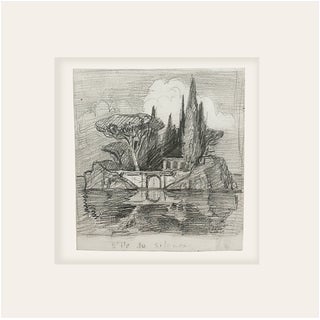 Early 1900's Small Antique French Landscape of l'Ile De Silence in France, Graphite Drawing on Paper With Mat For Sale