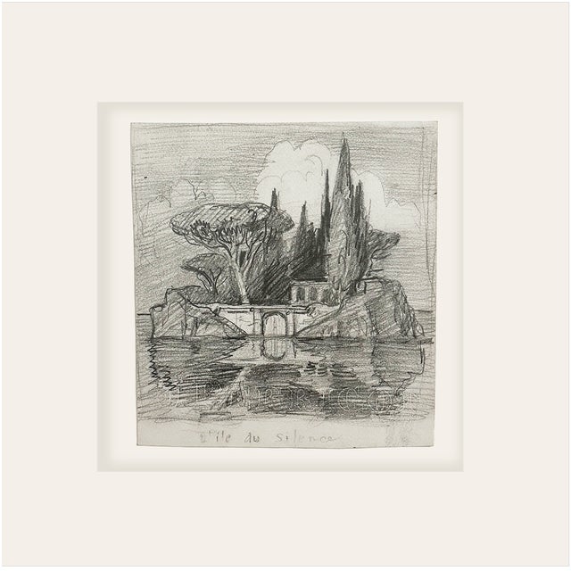 Early 1900's Small Antique French Landscape of l'Ile De Silence in France, Graphite Drawing on Paper With Mat For Sale