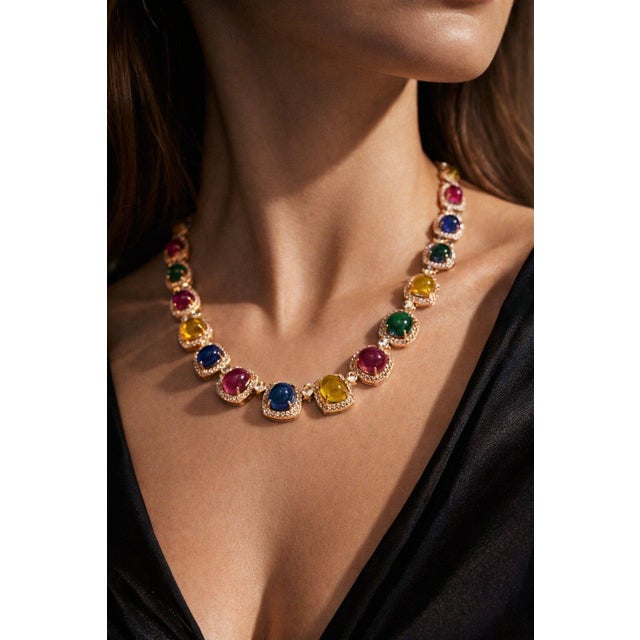 Pink Bochic “Capri” Vintage Ruby & Sapphire Necklace Set In 18K Gold & Silver For Sale - Image 8 of 11