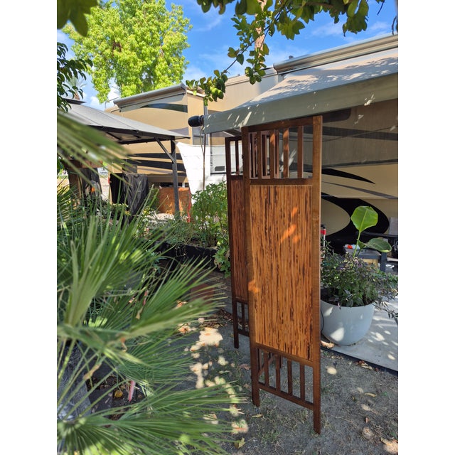 Mid-Century Modern 3-Panel Wooden and Pencil-Reed Bamboo Folding Room Divider For Sale - Image 3 of 5