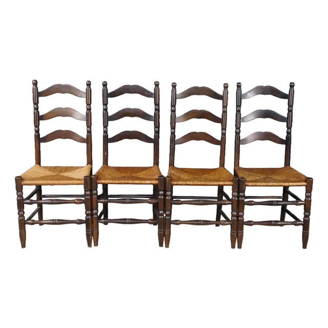 4 Mid 20th Century French Country Shaker Style Oak Ladderback Dining Chairs Rush Seat Farmhouse For Sale