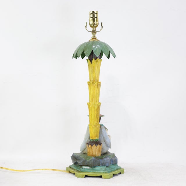 Pistachio Vintage Hand-Painted Chinoiserie Tole Palm Tree and Figurine Table Lamps - a Pair For Sale - Image 8 of 13