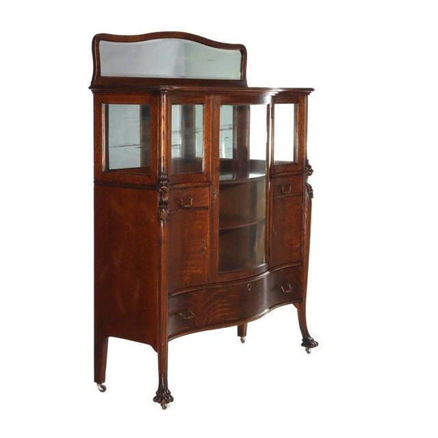 Gemstone 1900-1909 Attributed to Rj Horner Figural Carved Oak Server, Griffins & Full Serpentine Glass For Sale - Image 7 of 17