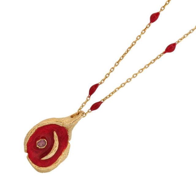 Metal Red Moon Pendant Gold & Enamel Chain Necklace For Sale - Image 7 of 8