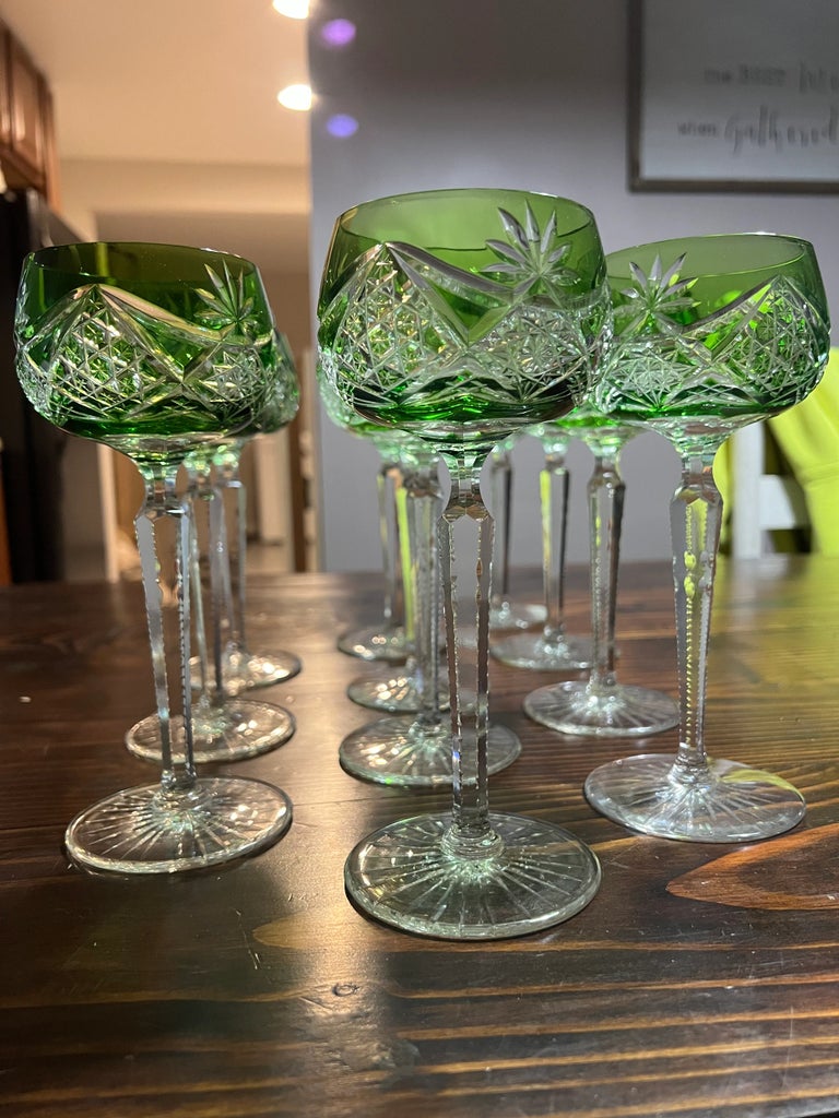 Vintage Val St Lambert Green Cut to Clear Crystal Hock Wine