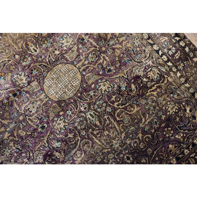 Eggplant Great Eggplant Purple Background and Detail of Rossette Floral Border Geometric Design Antique Persian Silk Kashan by Kazan For Sale - Image 8 of 15