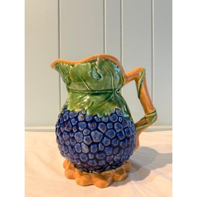 Vintage Majolica Style Grape Wine Pitcher With Blue/Purple Grapes For Sale - Image 11 of 11