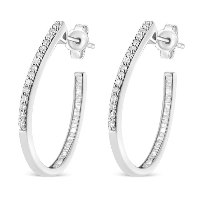 Contemporary .925 Sterling Silver 1/2 Cttw Round and Baguette-Cut Diamond Inside-Outside Hoop Earrings (H-I Color, I1-I2 Clarity) For Sale - Image 3 of 5