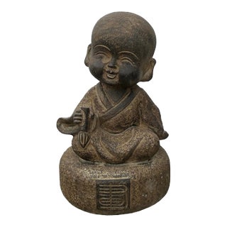 Oriental Gray Stone Little Lohon Monk Drawing Book Statue For Sale