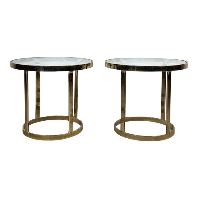 Vintage Brass & Glass Side Tables With Circular Bases – Pair For Sale