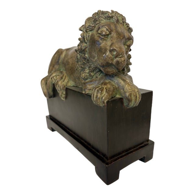 Vintage Austin Productions Sleeping Lion Sculpture on Wooden Base For Sale