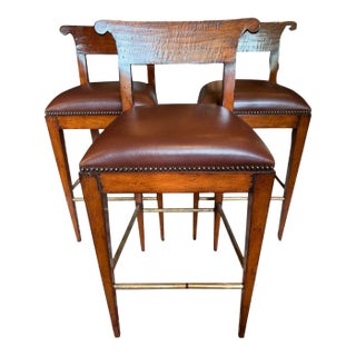 New Henredon Acquisitions Leather Wood and Brass Bar Stools - A Set of 3 For Sale