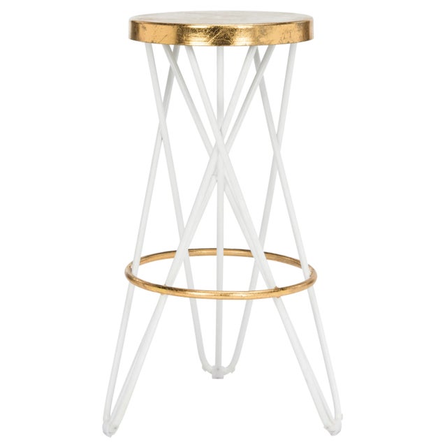 Modern Hairpin Leg Retro Barstool in White & Gold For Sale - Image 3 of 3