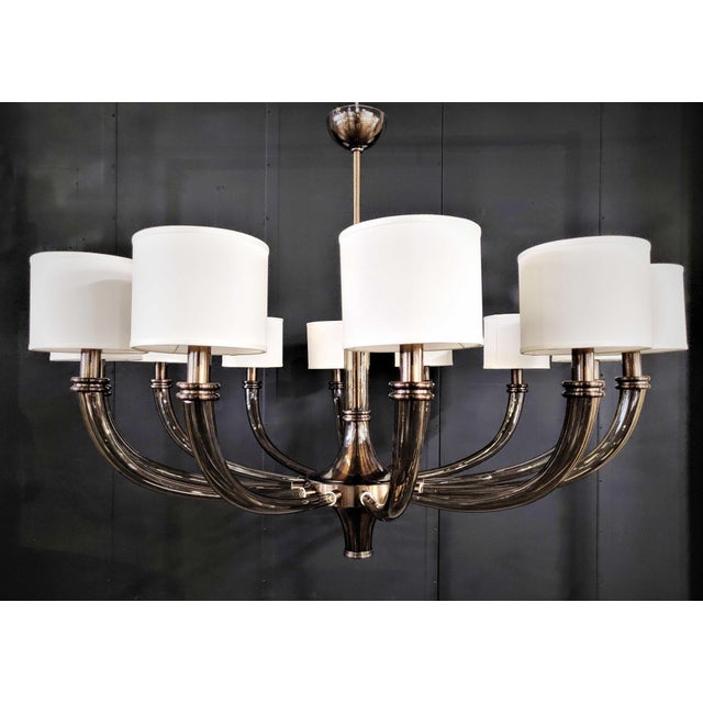 Italian 12-arm Venetian chandelier with smoky brown Murano glass in oil rubbed bronze finish and fabric shades / Made in...